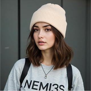 Ribbed Knit Beanie Hat - Soft Winter Beanie Hat Lapel Beanie Hat for Men Women, Acrylic Blend Warm Beanie, Ideal Cold Weather Accessory