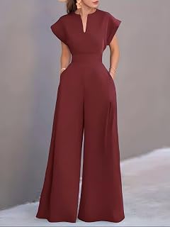 Women Wide Leg Jumpsuit V Neck Short Sleeve Elegant Solid Color Casual Traveller Jumpsuit