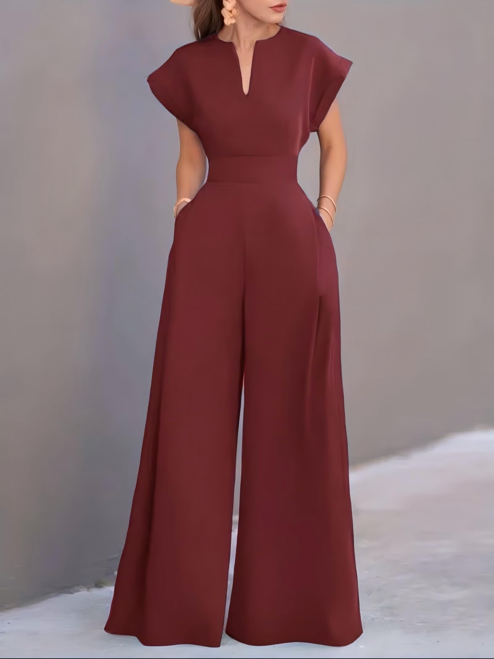 Women Wide Leg Jumpsuit V Neck Short Sleeve Elegant Solid Color Casual Traveller