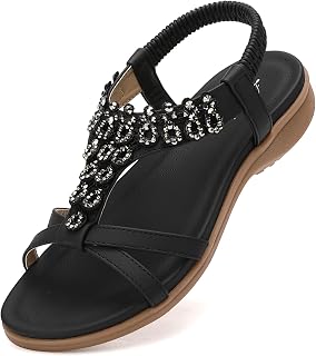 Littleplum Womens Sandals Arch Support Slingback Rhinestone Dressy Sandals Comfort Summer Shoes Ankle Strap Elastic Flats for Beach Walking