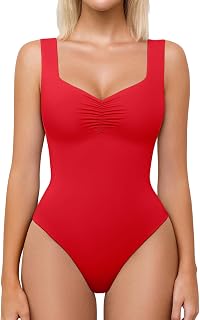 Avidlove ボディスーツ レディース ボディスーツ Vネック シャーリング シームレス ダブルライン タンクトップ お出かけ 赤