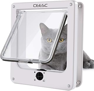 CEESC Medium Cat Door for Interior/Exterior, for Pets <15.75", White | Rotary 4-Way Lock, Weatherproof, Fits doors 1.26-2.14", Adjustable tunnel depth, Upgraded version