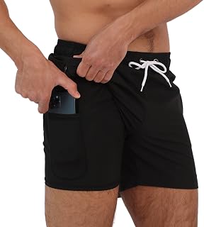 Arcweg Men's Swim Trunks Compression Lining 2 in 1 Quick Dry Short Liner Elastic Surf Shorts with Zipper Pockets