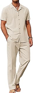 COOFANDY Men's Linen 2 Piece Outfits Button Down Shirt and Casual Loose Pants Set