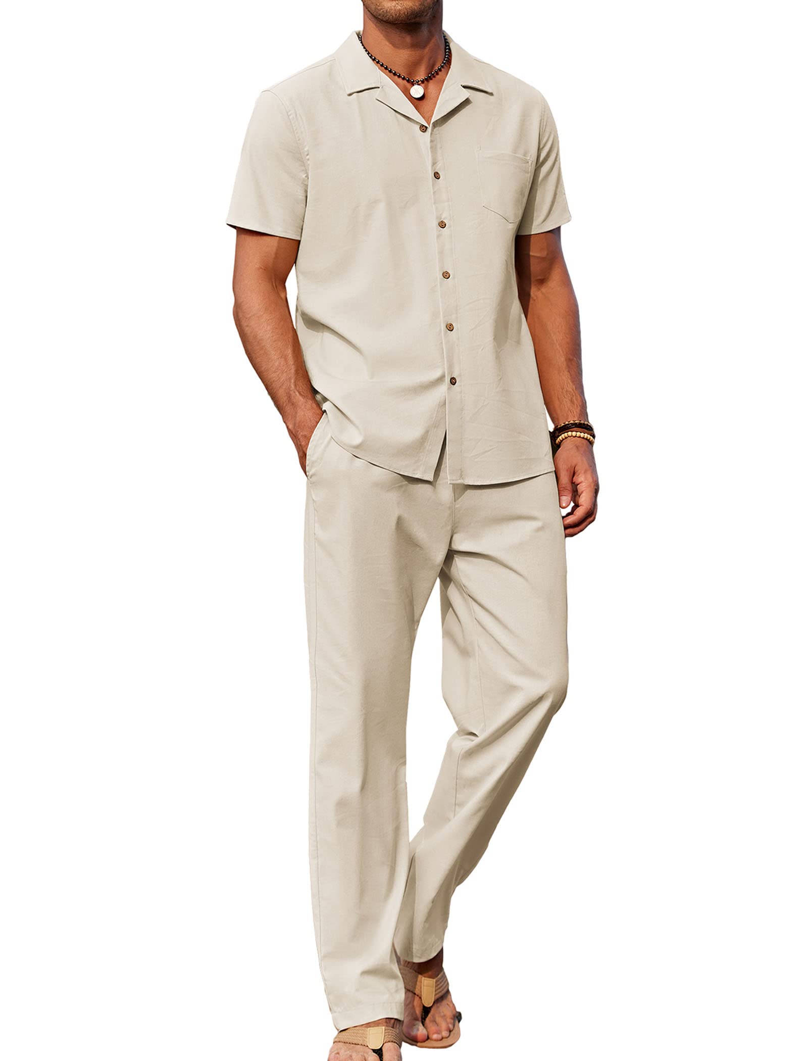 COOFANDY Men's Linen 2 Piece Outfits Button Down Shirt and Casual Loose Pants Se