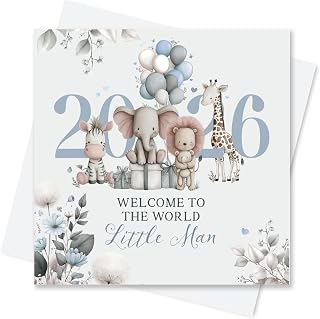 Born In 2026 Card for Baby Boy - Welcome To The World Little Man Greeting Card for Newborn Grandson (Safari Card - 2026, Blue)
