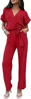 PRETTYGARDEN Women's Casual Short Sleeve V Neck Jumpsuit with Belt