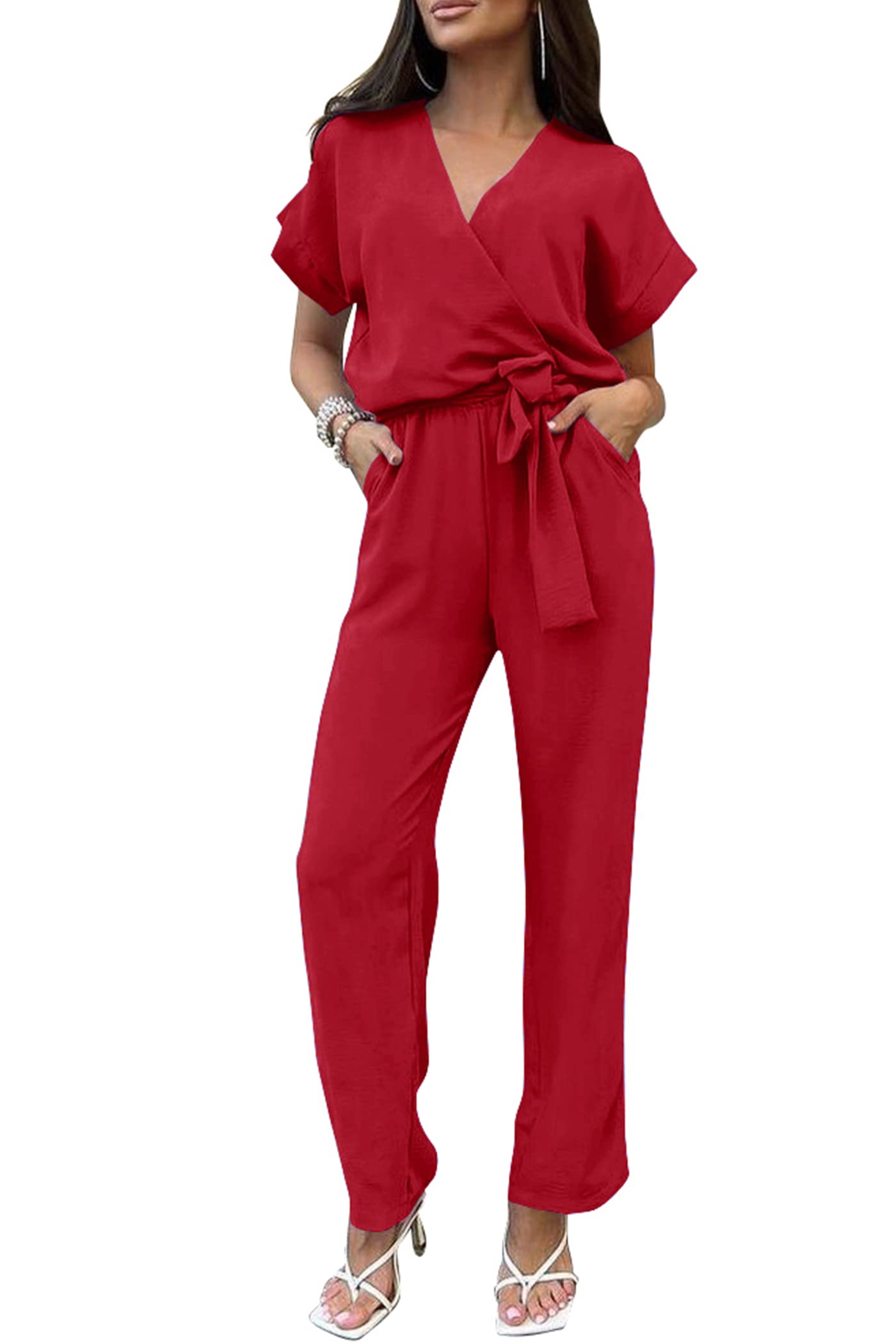 PRETTYGARDEN Women's Casual Short Sleeve V Neck Jumpsuit with Belt