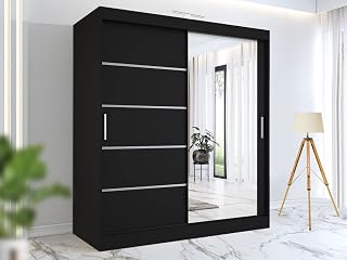 RAC3 Wardrobes for Bedroom with Mirrored Sliding Door & LED Light Premium Wardrobe Storage with Sleek Design comes in Colours Black/White/Grey/Oak- Different Sizes from 120cm - 250cm (Black, 120cm)