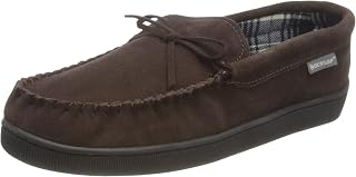 Dunlop - Mens Real Suede Leather Faux Sheepskin Fur Plush Fleece Lined Moccasin Slippers - Memory Foam - Rubber Sole - House Bedroom Indoor