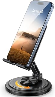 Lamicall Adjustable Phone Stand for Desk - 360 Rotating Foldable Cell Phone Holder Desktop Portable Cellphone Stand, Office Desk Accessories for iPhone 15 16 17 18 Pro Max, 4-10”Smartphones, iPad Mini