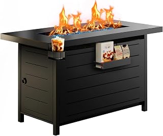 Ciays 43″ Fire Pit Table with Glass Beads & Lid, CSA-Certified Gas Fire Pit with Cup Holders, Hanging Shelf & Nylon Cover, Large Outdoor Fire Pit for Patio/Porch/Deck, 60,000 BTU Heat Output, CIFPT9B