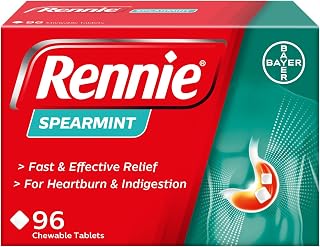 Rennie Spearmint Antacid Chewable Tablets, Heartburn Indigestion, 96 Count | For Heartburn And Indigestion, Chewable Tablets, Neutralise Excess Stomach Acid, With Calcium Carbonate & Magnesium Carbonate