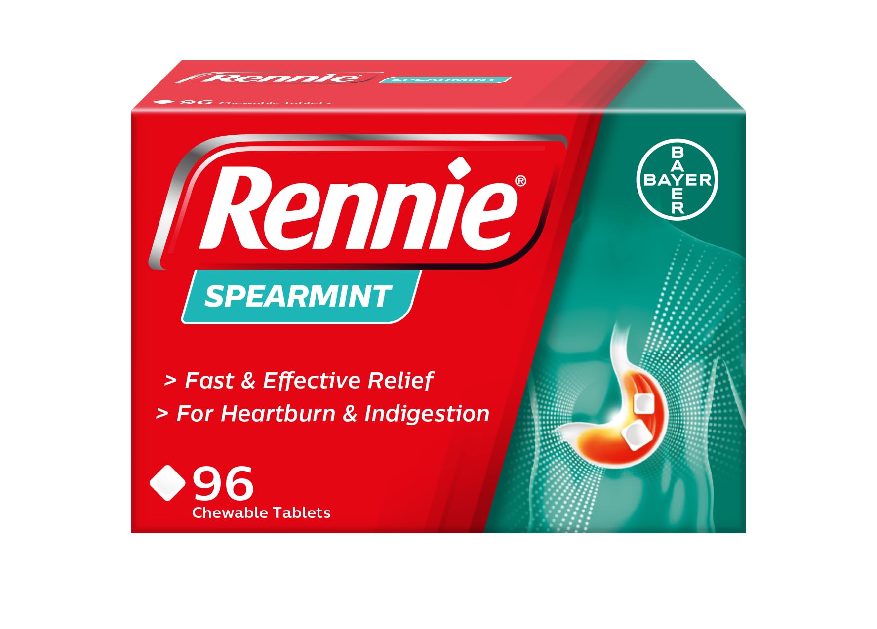Rennie Spearmint Antacid Chewable Tablets, Heartburn Indigestion, 96 Count | For