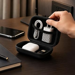 Compact EVA Storage Case Zippered Lightweight Earphone Pouch for Bluetooth Headphone Charging Cable Small Gadget Travel Bag, Black