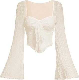 SOLY HUX Women's Long Bell Sleeve Tops Mesh Sweetheart Neck Going Out Crop Top Casual Asymmetrical T Shirts Tees
