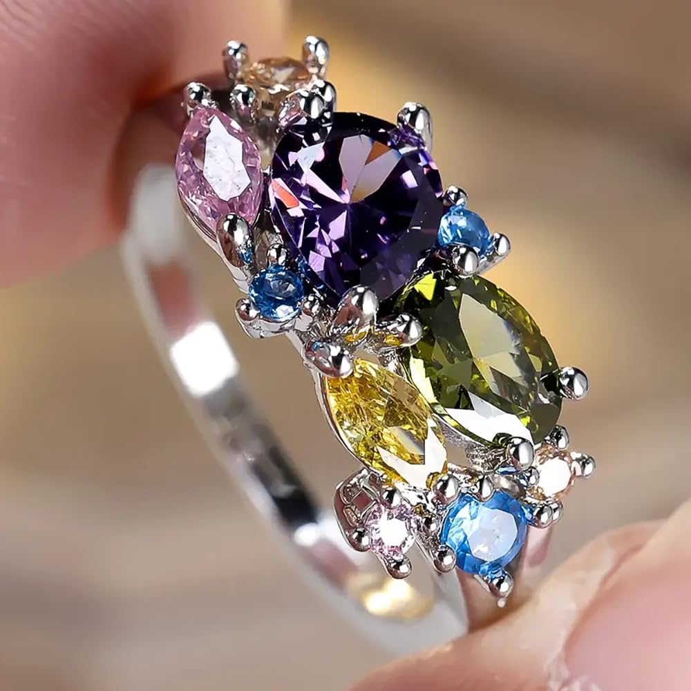 Unique Bright Multicolor Cubic Zirconia Ring for Women Engagement Party