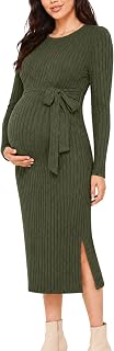 guruixu Crewneck Maternity Sweater Dress Rib Knit Long Sleeve Slit Pregnancy Dress Clothes with Belt