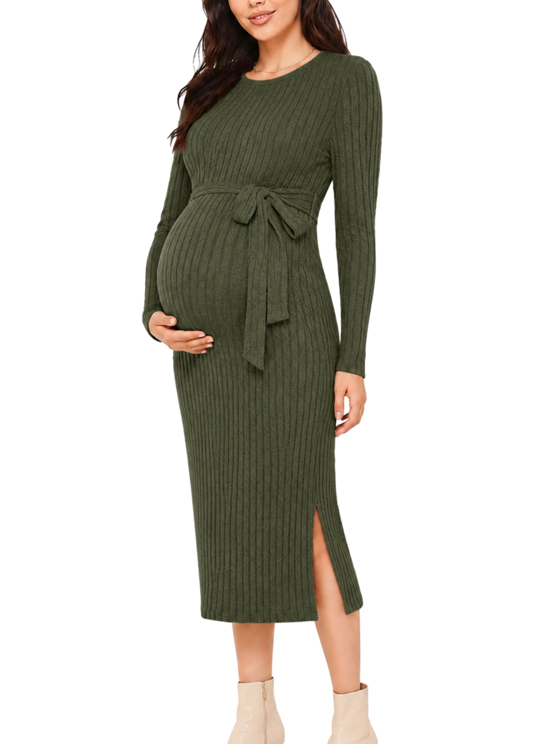 guruixu Crewneck Maternity Sweater Dress Rib Knit Long Sleeve Slit Pregnancy Dre