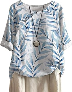 ORANDESIGNE Linen Shirt Short Sleeve Women Casual Vintage Tops Blouse T-Shirts Short Sleeve Crew Neck Tunic Tops Shirt Loose Plus Size T Shirt