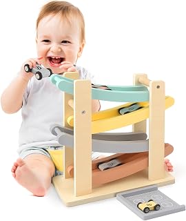 Vanplay Wooden Car Ramp Montessori Toys for 1 2 Year Old Boys- 4 Mini Cars, a Toy Garage, Baby Gifts Toys for 1-2 Year Old, No Assembly Required