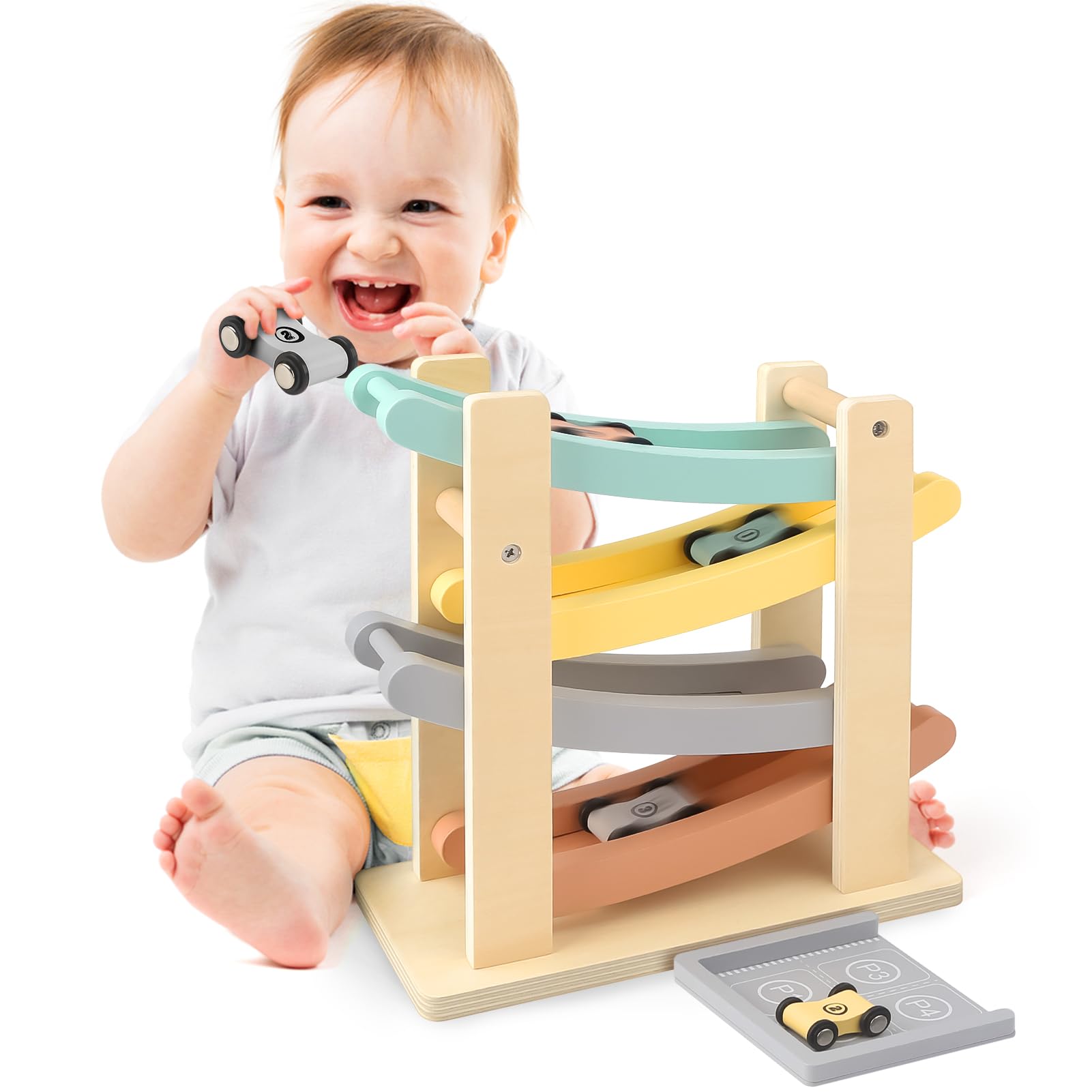 Vanplay Wooden Car Ramp Montessori Toys for 1 2 Year Old Boys- 4 Mini Cars, a To