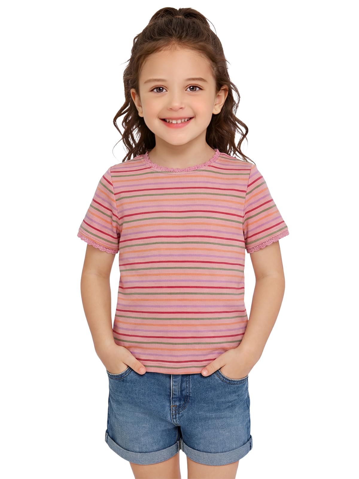Haloumoning Toddler Baby Girls Striped Short Sleeve T-Shirts Kids Ribbed Knit Ru