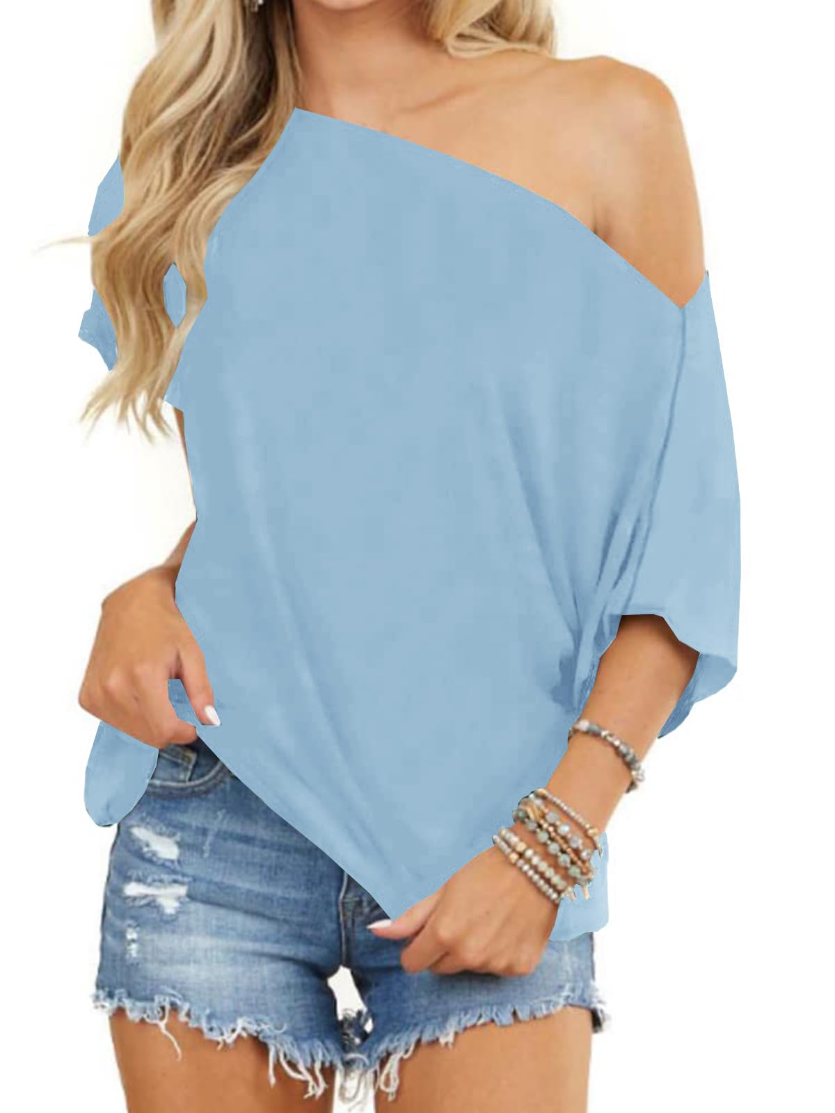 Eniloyal Off The Shoulder Tops for Women Short Sleeve Trendy T Shirts Loose Batw