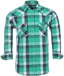 Men’s Western Cowboy Shirts-Long Sleeve Snap Button Plaid Shirt, Regular Fit Cotton Casual Shirt