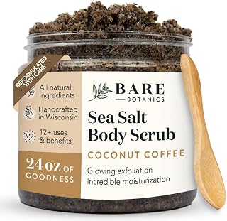 Bare Botanics Coconut Coffee Body Scrub 24oz | Made in USA | All Natural Sea Salt Scrub w/Skin Loving Moisturizers | Vegan & Cruelty Free | Ready to Gift w/a Cute Wooden Spoon