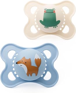 MAM Original Dummies, 0-6M, 2 Pack, Orthodontic Design, Blue/Cream | Comes in Dummy Steriliser Case, Sustainable Materials, Baby Accessories for Newborn, Designs Vary