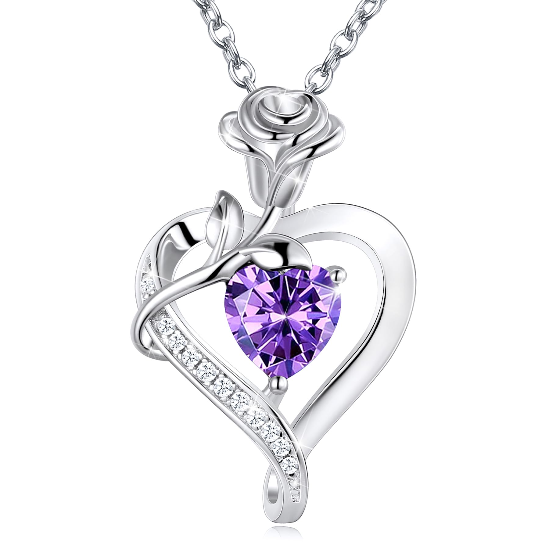 Rose Flower Heart Necklace Birthstone Necklaces 925 Sterling Silver Jewelry