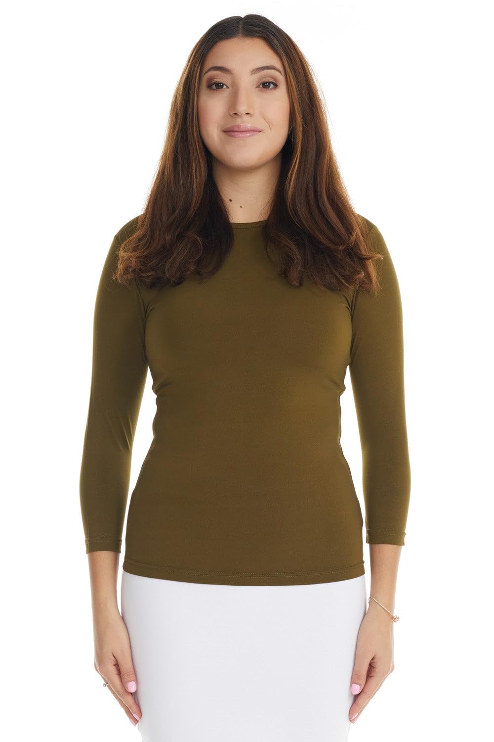 Esteez 3/4 Sleeve Fancy Slinky Crew Neck T-Shirt for Women Base Layering Top Snu