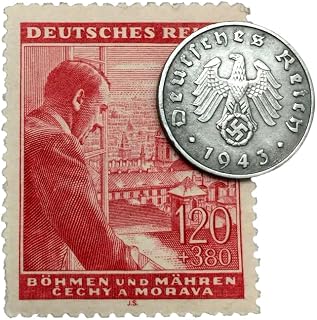 Educational & Historical Rare WWII Nazi Coin and Stamp Set – 1 Reichspfennig Zinc Coin with Swastika Eagle and Rare Hitler Bohemia Moravia Stamp MNH