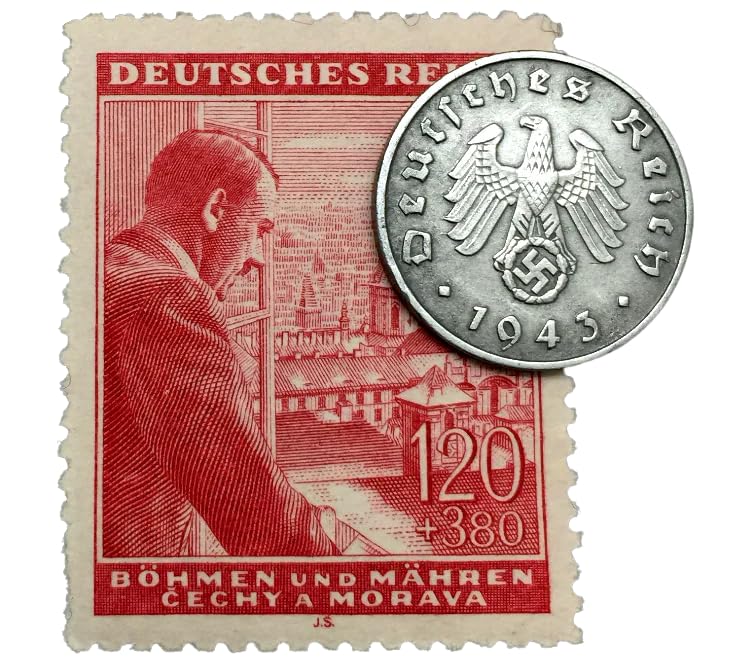 Educational & Historical Rare WWII Nazi Coin and Stamp Set – 1 Reichspfennig Zin