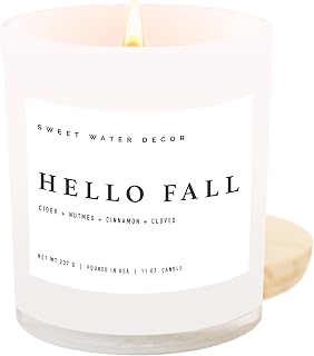 Sweet Water Decor Hello Fall Soy Candle, 11oz White Jar, Autumn Home Decor | Cider, Nutmeg, Cinnamon & Cloves Scent, 50+ Hour Burn, Thanksgiving & Halloween Decor, Gift for Loved Ones, Poured in the USA