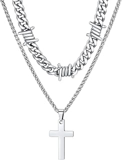 ChainsHouse Cross Necklace for Men Women, Sliver Black Gold Plated Crucifix Pendant Necklaces Layered Cuban Chain Stainless Steel Jewellery Gift