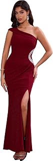 Angel-fashions Women's One Shoulder Ruching Beading Ribbon Soft Evening Gown