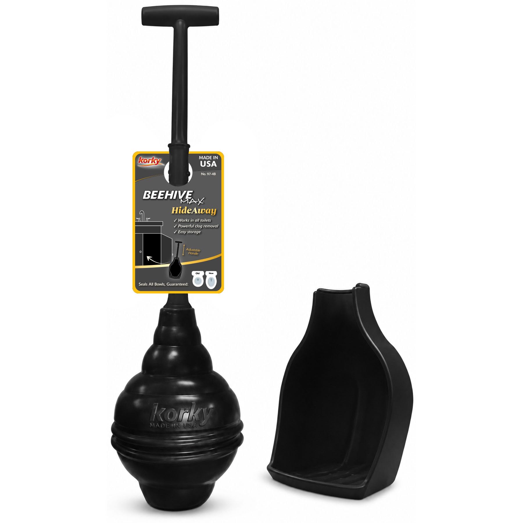 Korky BeehiveMAX Hideaway Toilet Plunger & Holder in Black - 97-5B | Most powerf