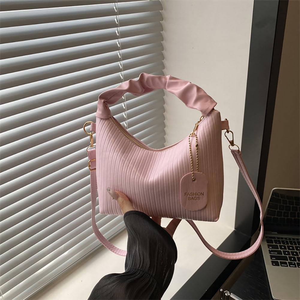 Hobo-Umhängetasche für Damen, plissiert, Leder, gerüschter Griff, Mini-Umhängeta