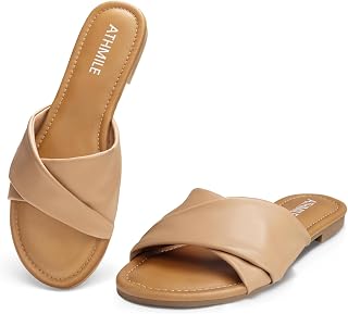 ATHMILE Sandalias de piel suave cruzadas para mujer, sandalias planas de moda para fiestas de verano elegantes, tallas 6-11, Camello, 38 EU