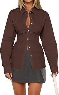 MISSACTIVER Women's Lapel Collar Button Down Shirt Cinch Waist Long Sleeve Casual Work Dressy Tunics Blouse Corset Tops
