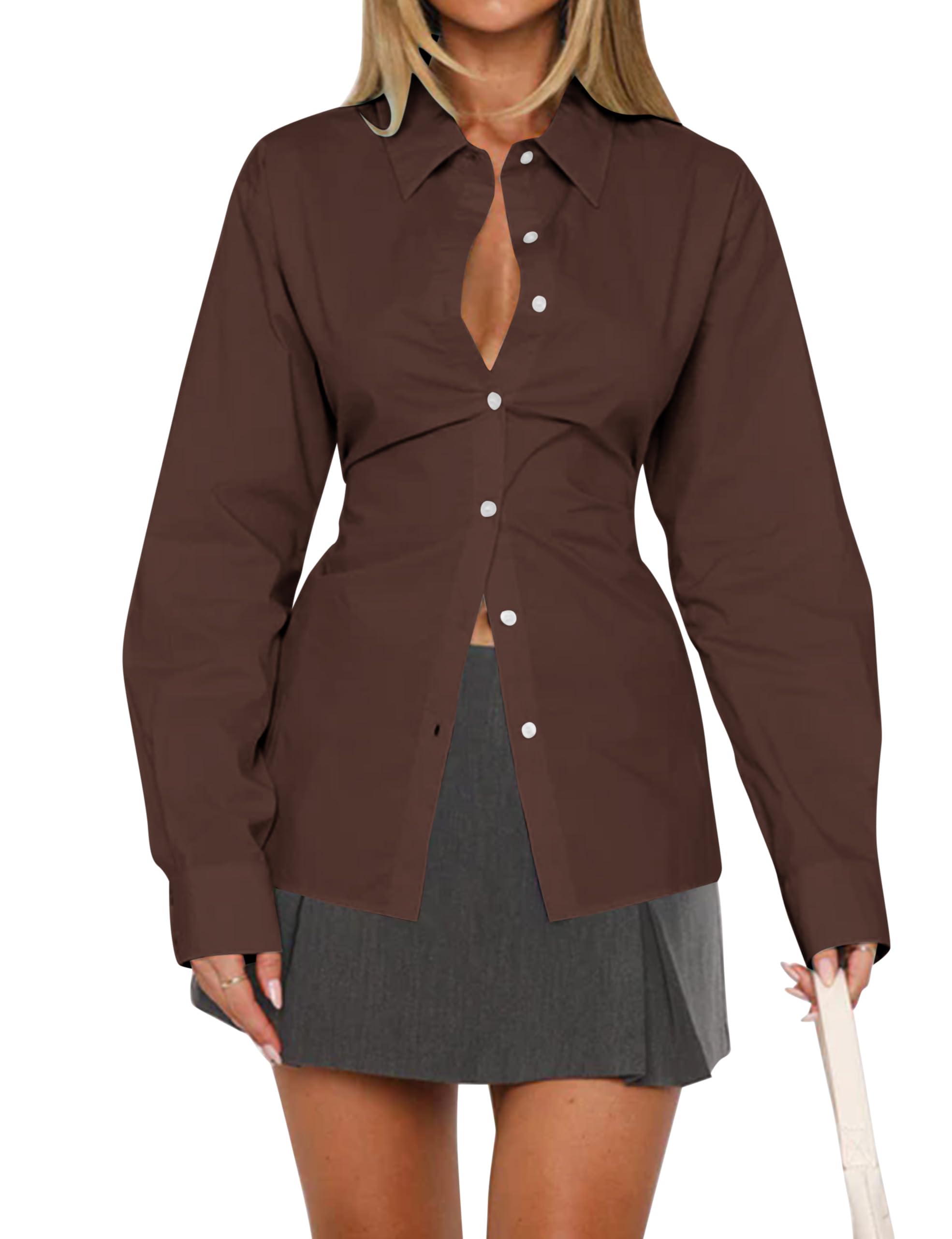 MISSACTIVER Women's Lapel Collar Button Down Shirt Cinch Waist Long Sleeve Casua