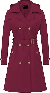 CREATMO US Women's Long Trench Coat Double-Breasted Classic Lapel Overcoat Belted Slim Outerwear Coat with Detachable Hood