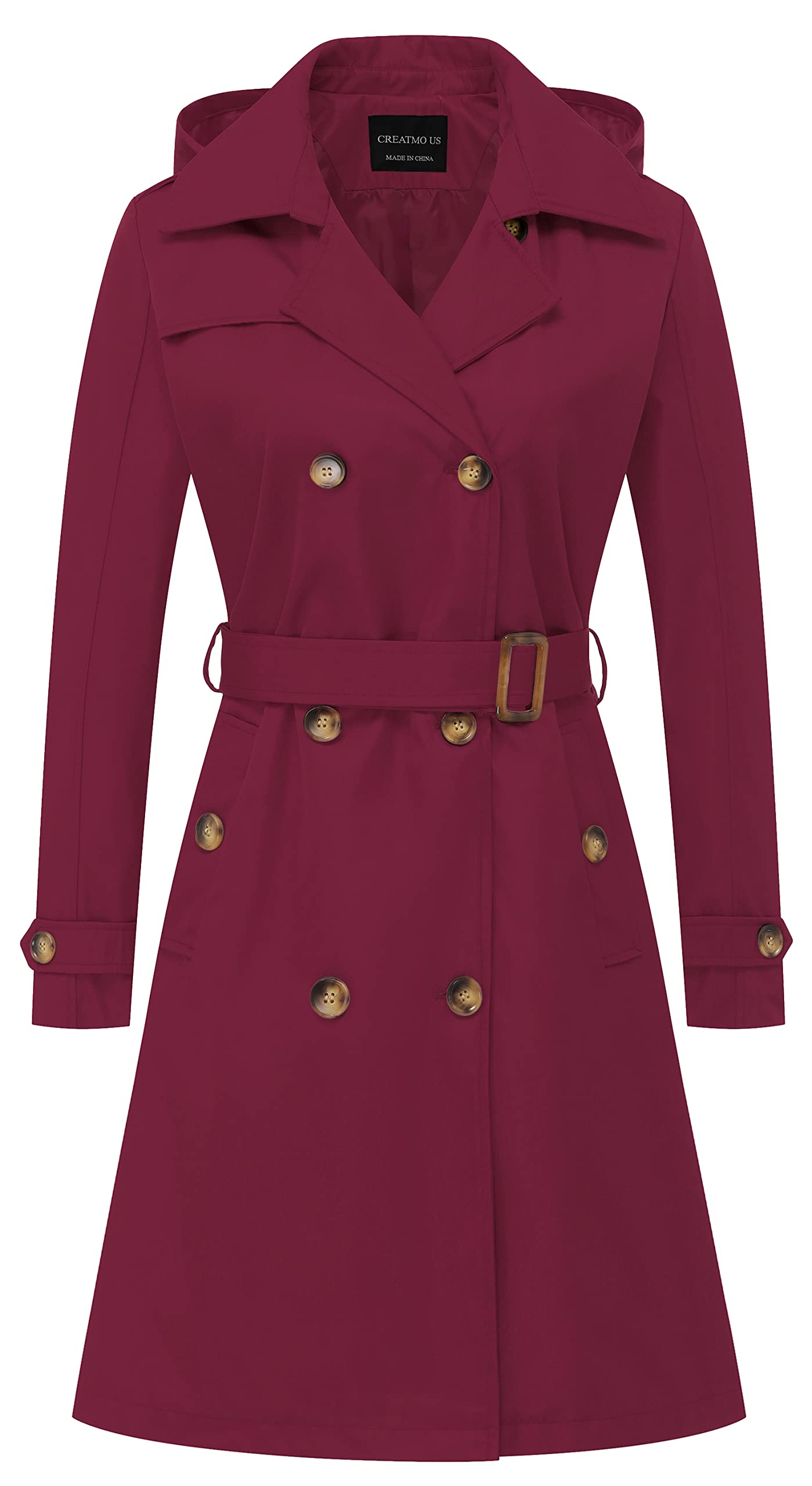 CREATMO US Women's Long Trench Coat Double-Breasted Classic Lapel Overcoat Belte