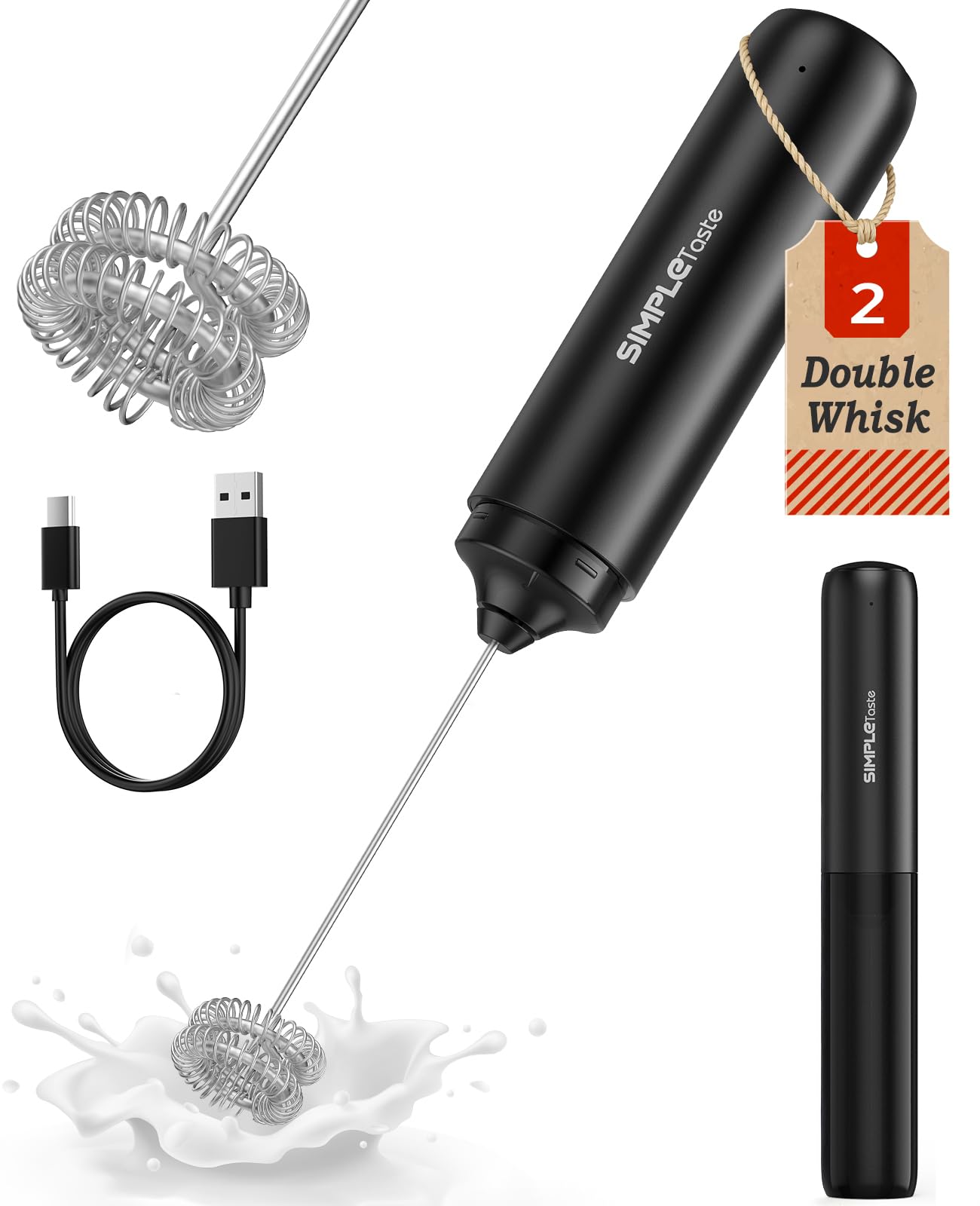 SIMPLETASTE Rechargeable Milk Frother Handheld Dual Coil Whisk Head Mixer | USB-