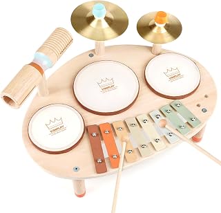 Vanplay Kids Wooden Drum Kit Musical Instruments For Toddlers - 3 Drums, 2 Cymbals, Xylophone & Sticks - Ages 3-5 - Musical Toys For Boys & Girls