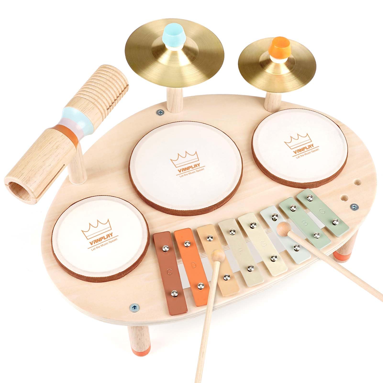 Vanplay Kids Wooden Drum Kit Musical Instruments For Toddlers - 3 Drums, 2 Cymba