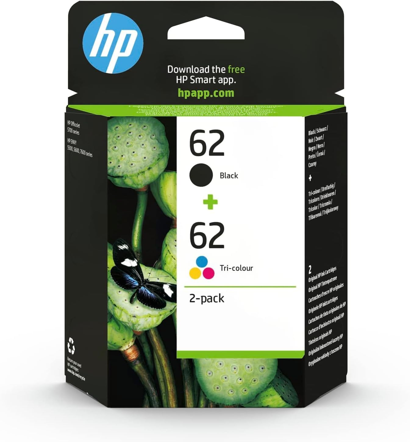 HP 62 Black and Three Colours, Pack of 2 Original Ink Cartridges | Compatible wi