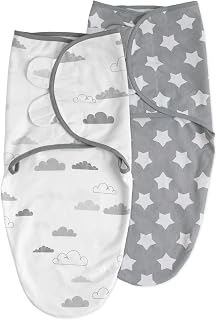 Soarwg Kids Cotton Baby Swaddle Wraps, 2-Pack, Newborn 0-3M | Grey, Clouds and Stars design. Adjustable wrap, secure sleep. Breathable cotton 0-3M. Washable. Oeko-Tex.